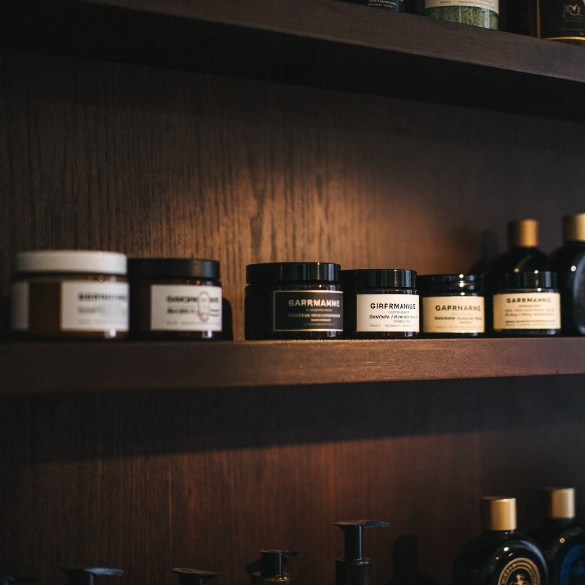 Grooming products on a dark wood shelf